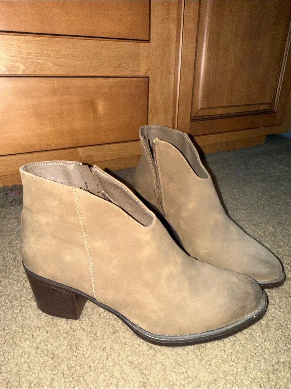 Pierre Dumas Tan Suede Ankle Booties with Block Heel